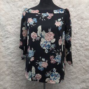 Monteau Women's Black and Floral Print Sheer Tops 3/4 Sleeve With Bow Size L